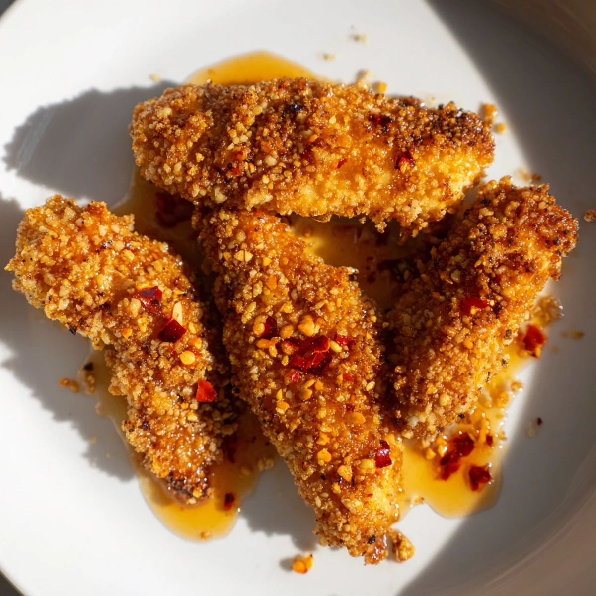 Air-fried Crispy Panko Chicken Tenders with hot honey, a delicious main course.