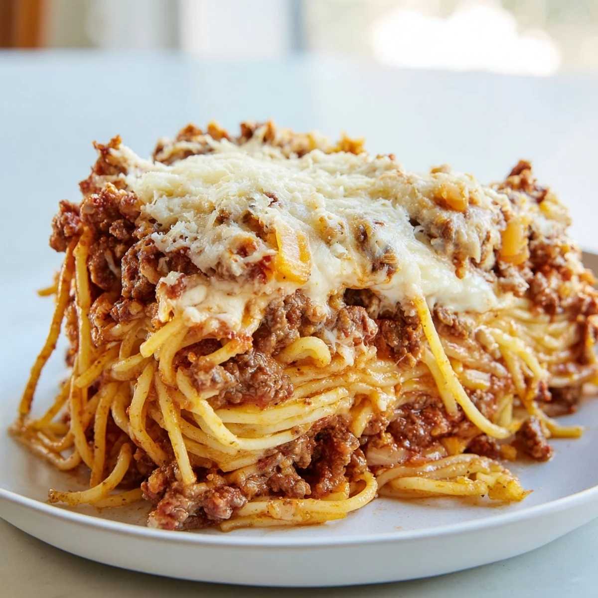 Golden, bubbling Million Dollar Spaghetti, a rich baked pasta dish with a cheesy top.