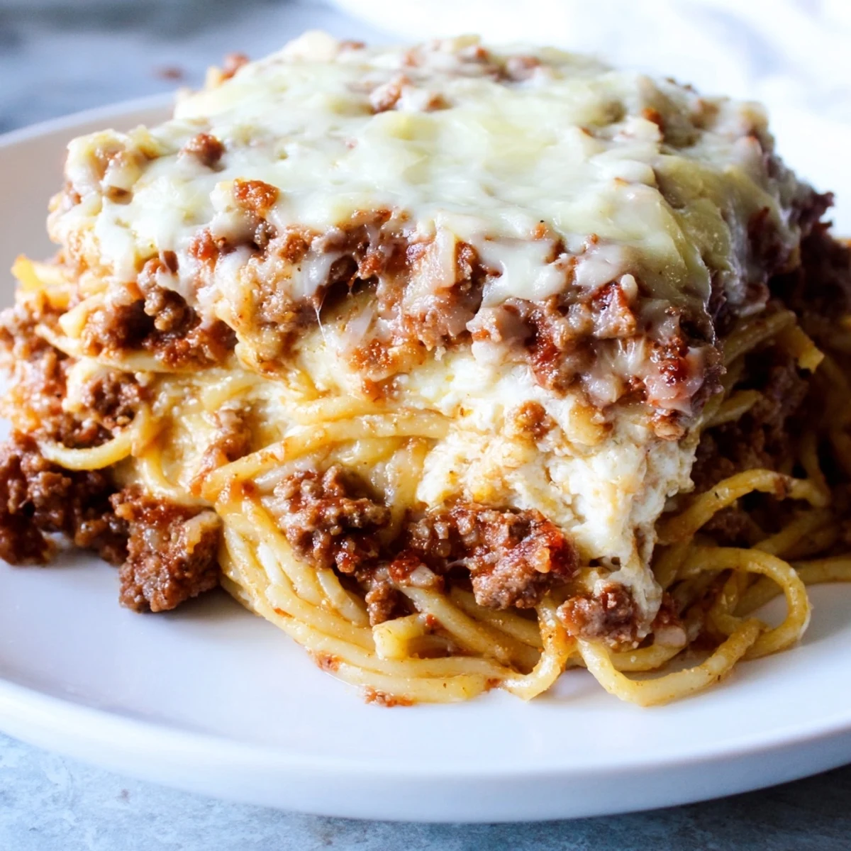 Cheesy, baked Million Dollar Spaghetti: a layered casserole with melted mozzarella and Parmesan cheese.