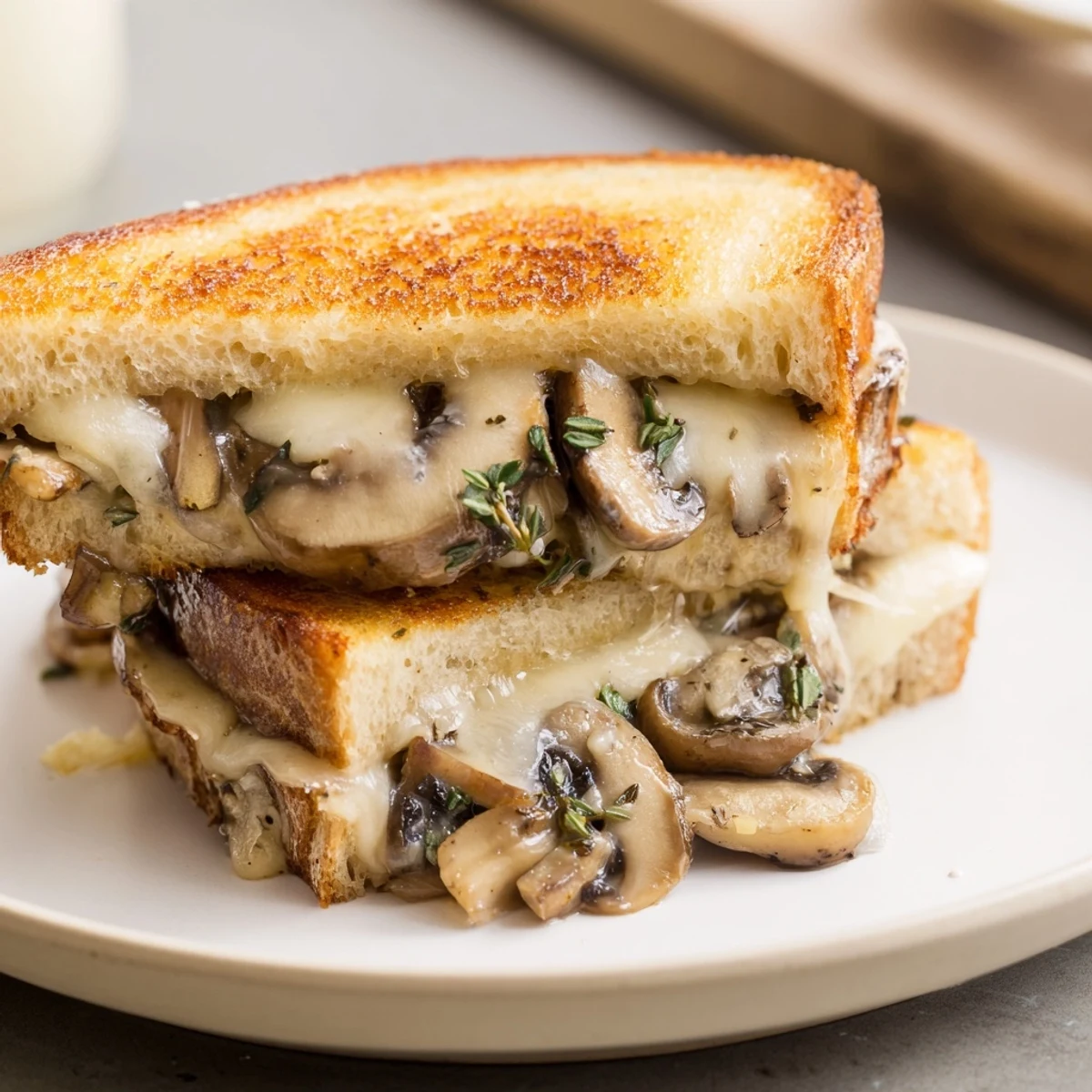 A warm, delicious Creamy Mushroom Grilled Cheese with oozing cheese and crispy bread at lunch.