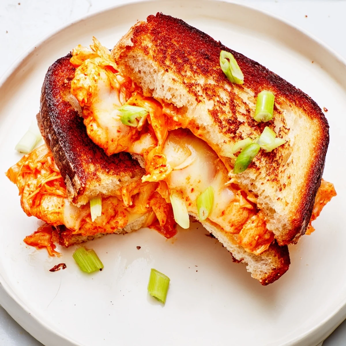 Gooey, golden Gochujang Mayo Chicken Sandwich grilled cheese ready to be sliced, filled with spicy chicken and cheese.