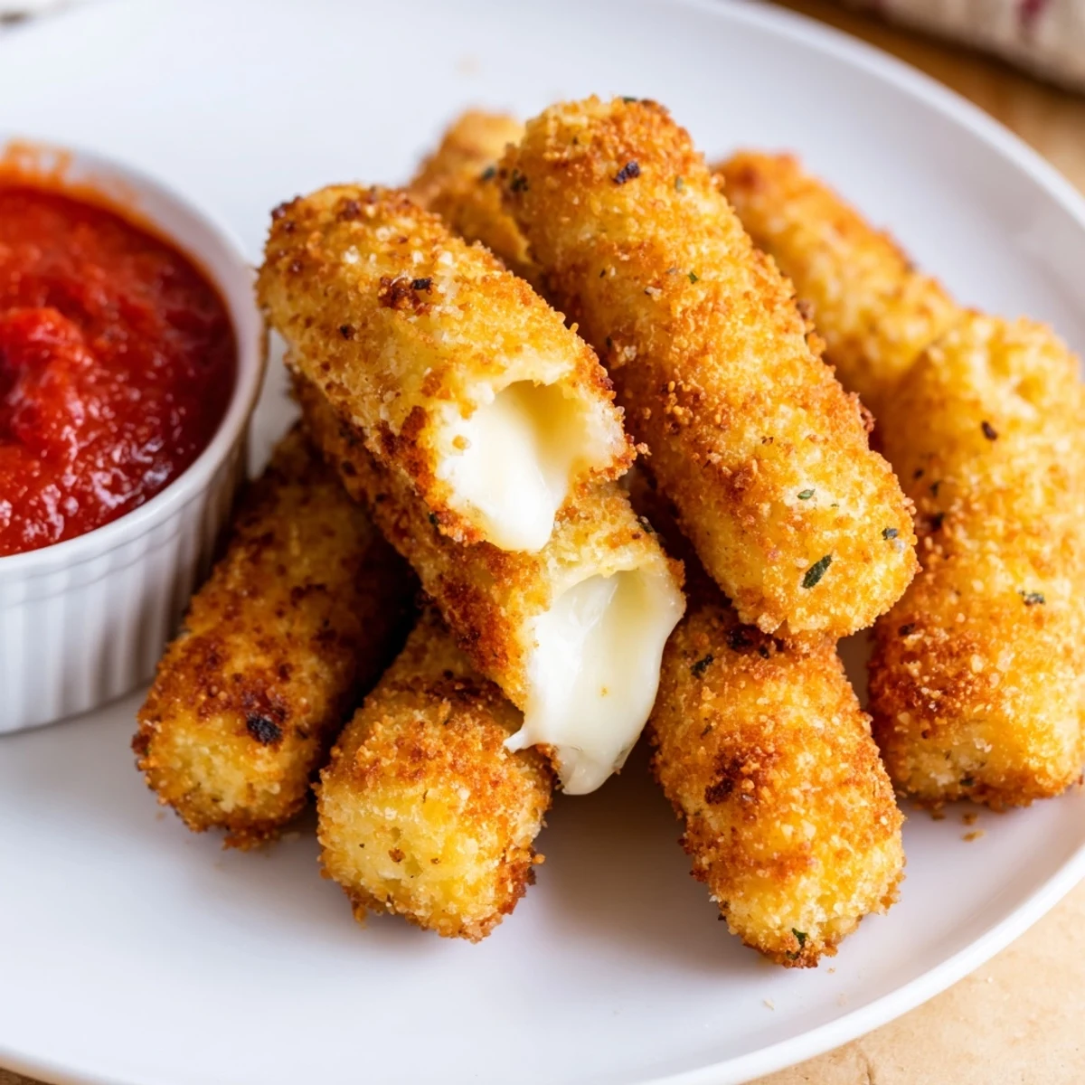 A close-up of crispy, air fryer mozzarella sticks, ready to be enjoyed as a savory snack.
