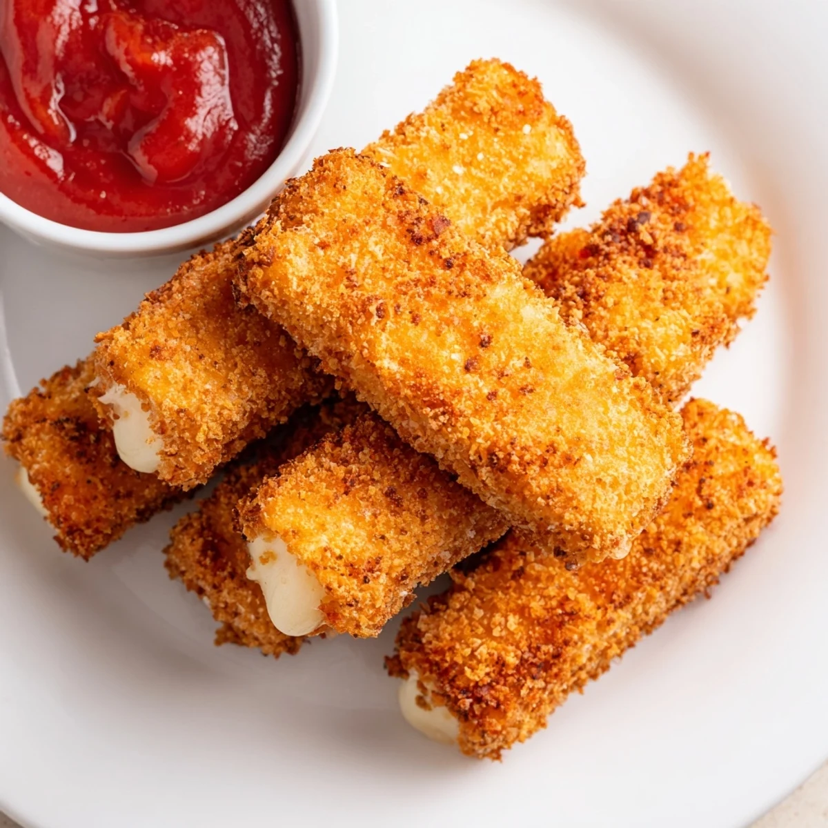 Golden and crisped air fryer mozzarella sticks, perfect with warm marinara for dipping pleasure.