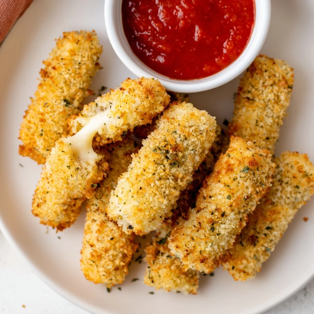 Gooey, melty cheese pulling from a perfectly cooked air fryer mozzarella stick, a classic appetizer.