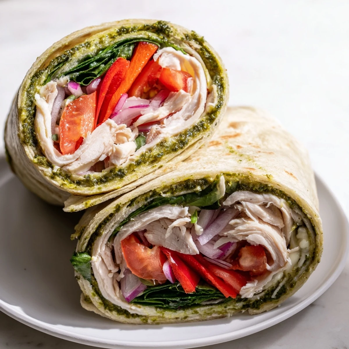 Golden, rolled Pesto Chicken Wrap sliced to reveal savory chicken, cheese, and vibrant veggies.