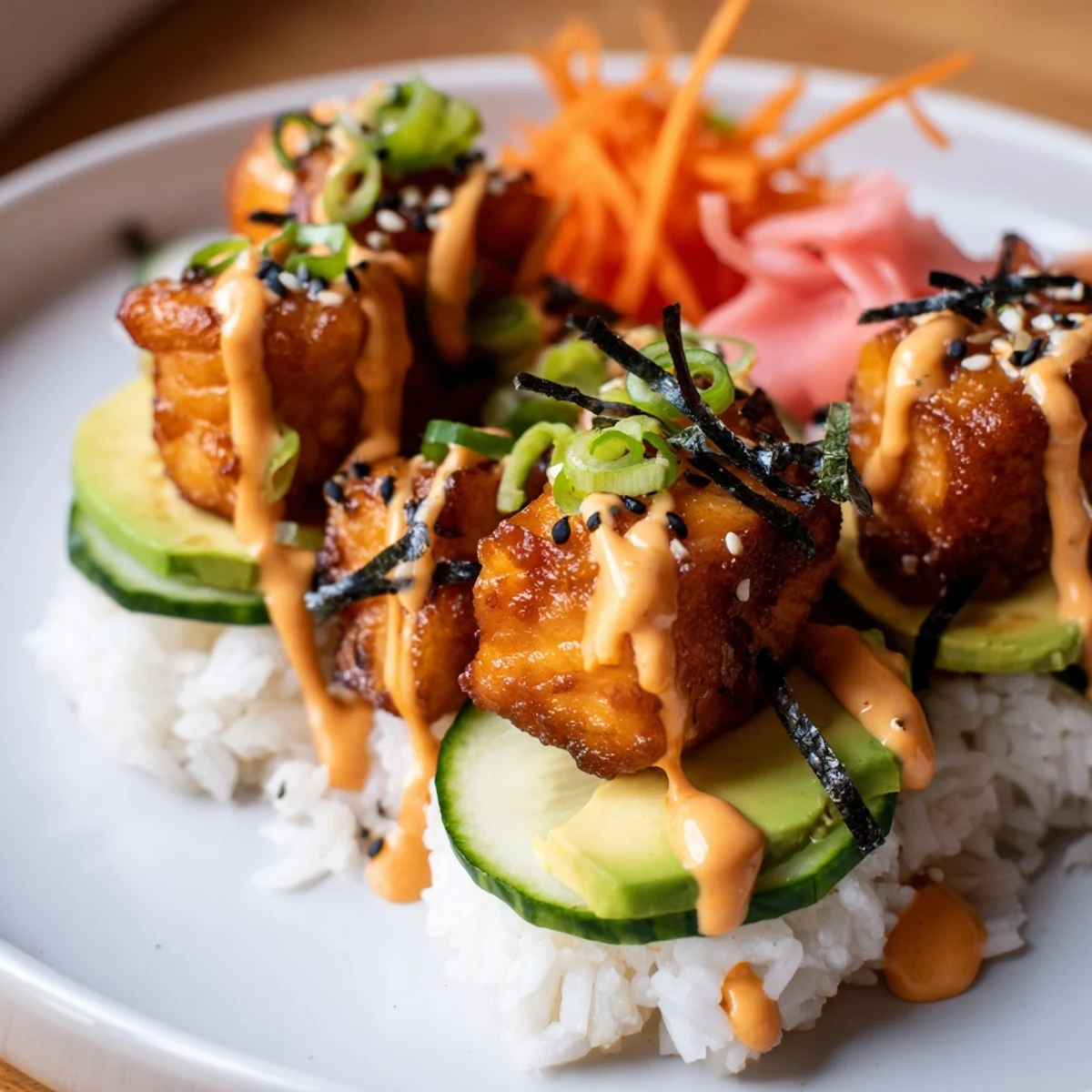 Golden-brown, crispy salmon bites in a bowl paired with colorful fresh vegetables.