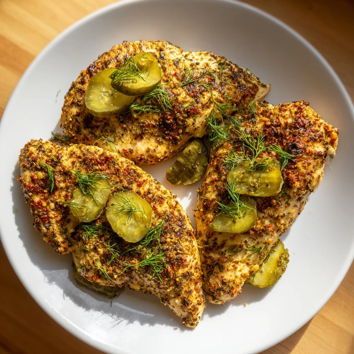 Golden brown baked Pickle Ranch Chicken, juicy and savory, ready to be served for a satisfying dinner.