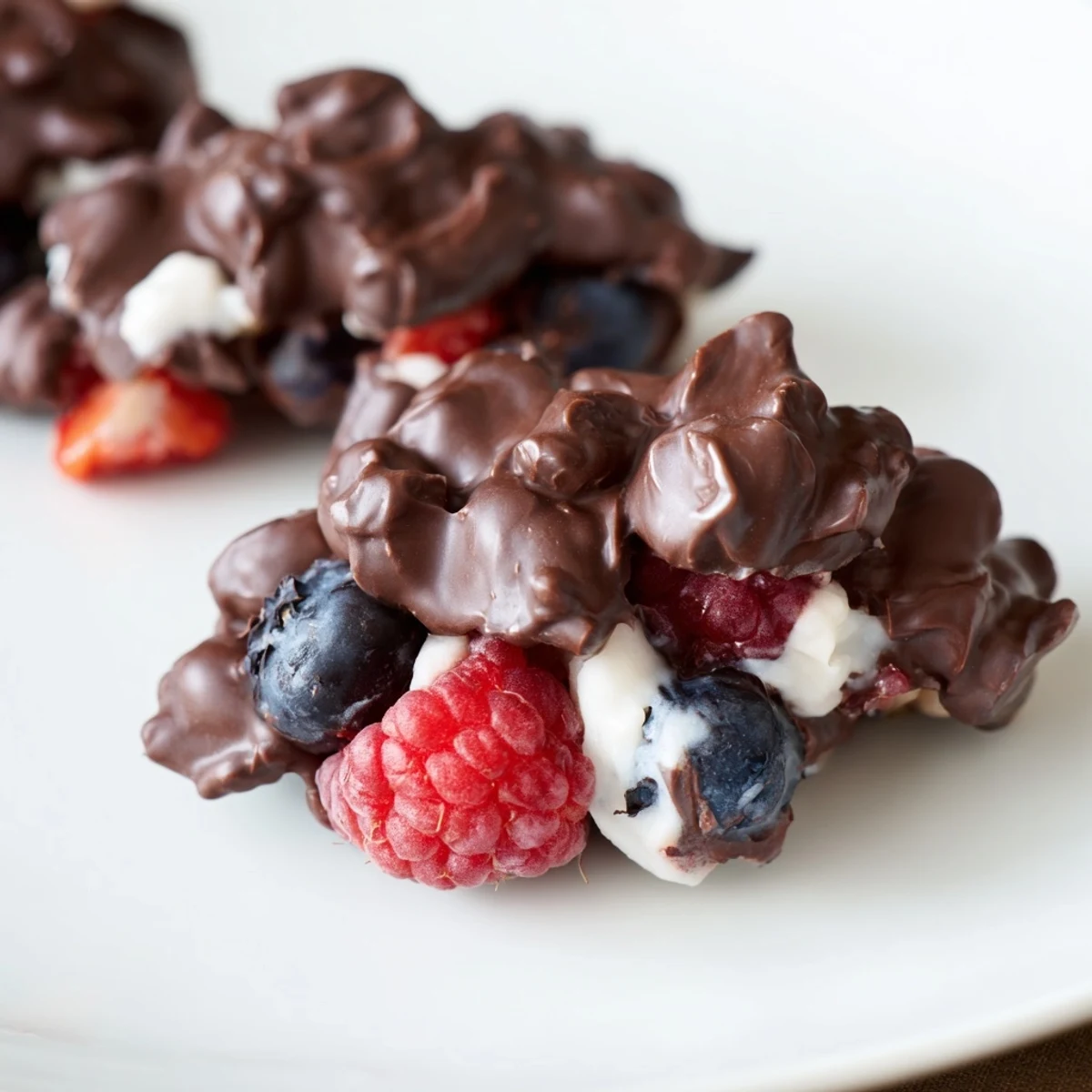 A close-up of vibrant, dark chocolate-covered chocolate yogurt clusters, perfect dessert bite.