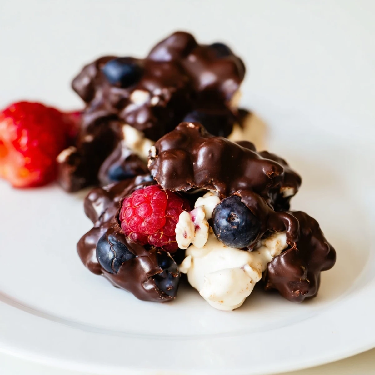 Delicious chocolate yogurt clusters glistening after being dipped in melted dark chocolate.