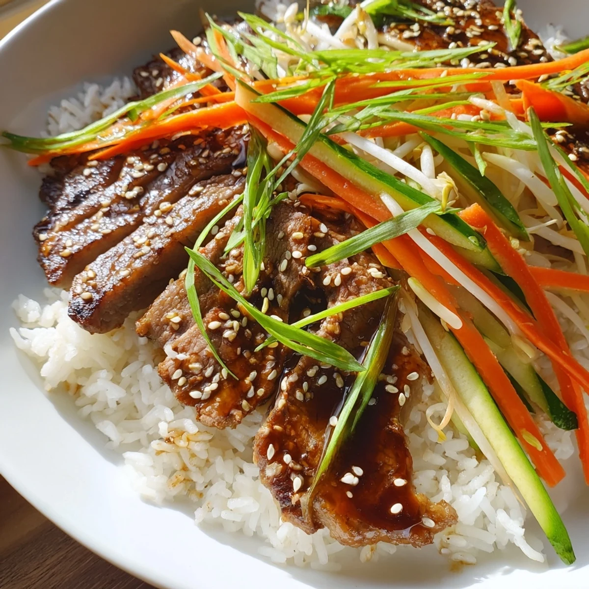 Tender, glistening Bulgogi Beef Bowl with colorful carrot ribbons and crunchy cucumber, ready to enjoy.