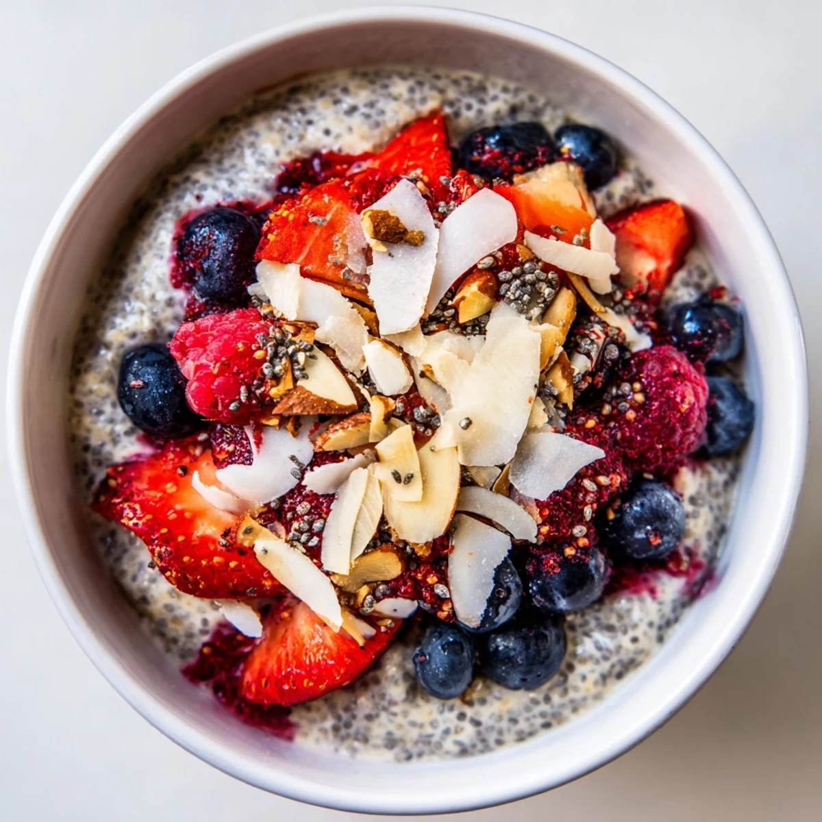 A beautiful bowl of berry chia pudding, ready to eat, topped with fresh berries and coconut flakes.