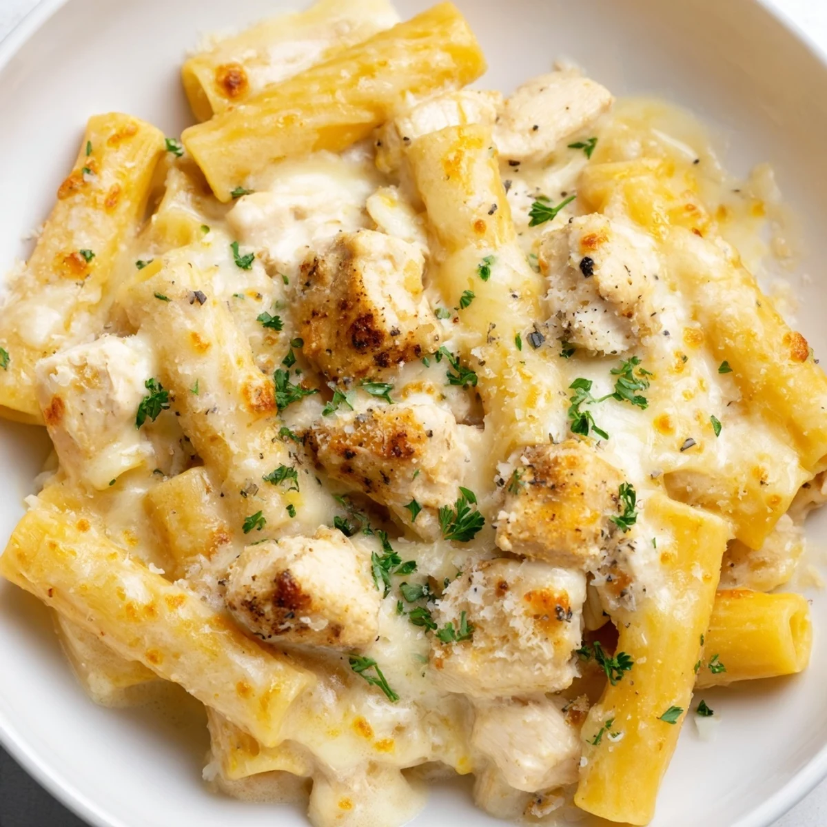 Golden bubbly cheese covers a hearty Chicken Alfredo Bake, bubbling from the creamy pasta.