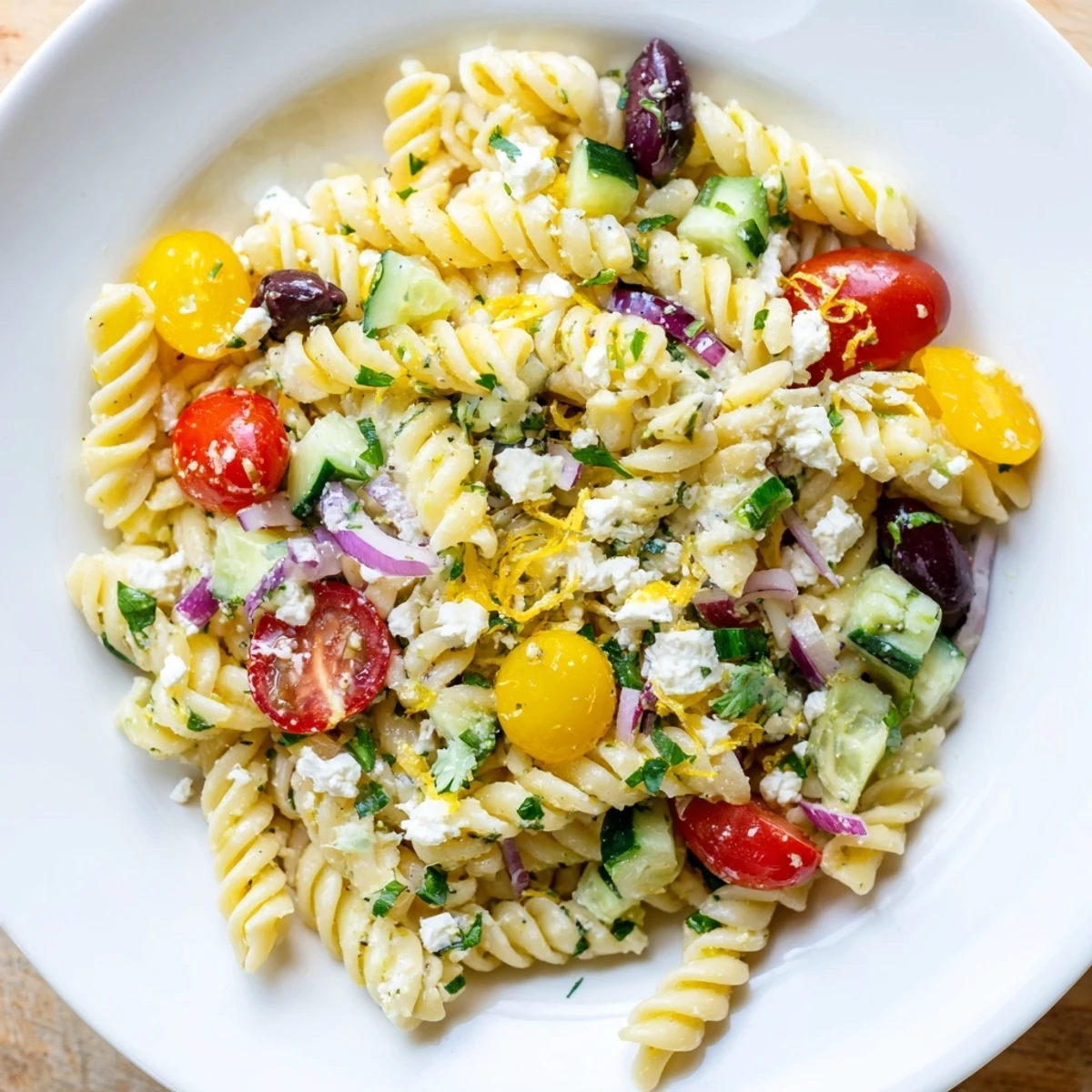 Bright, refreshing lemon pasta salad with vibrant vegetables and tangy dressing, perfect for picnics.