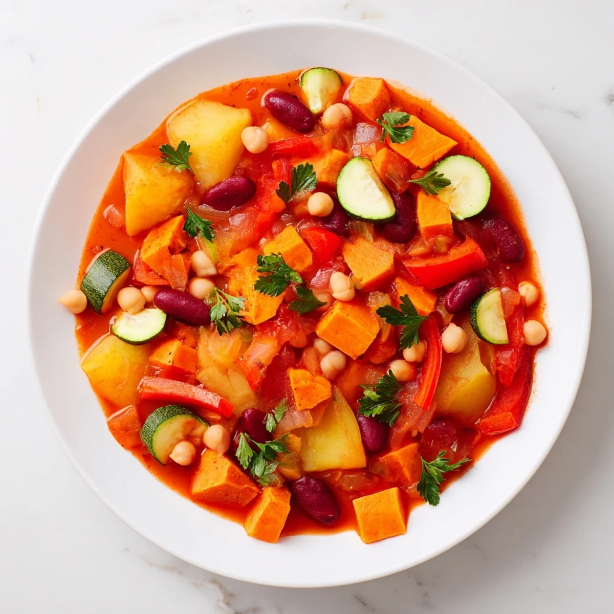 A warm bowl of Hearty Vegan Sweet Potato Stew with rich, savory tomato broth and colorful veggies.