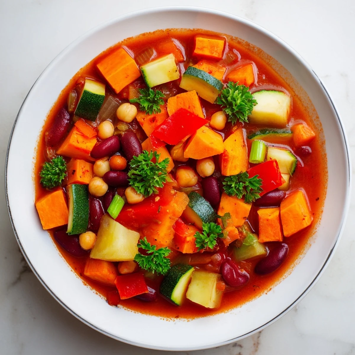 Close-up of a steaming Hearty Vegan Sweet Potato Stew, ready to serve with fresh herbs and lemon.