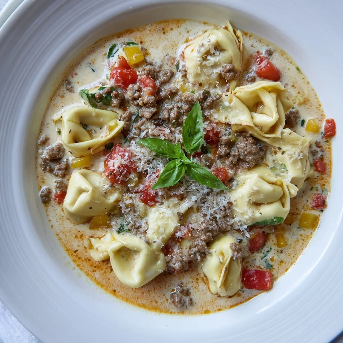 A steaming bowl of comforting Tortellini Beef Soup, featuring hearty beef and cheesy tortellini, is picture-perfect.