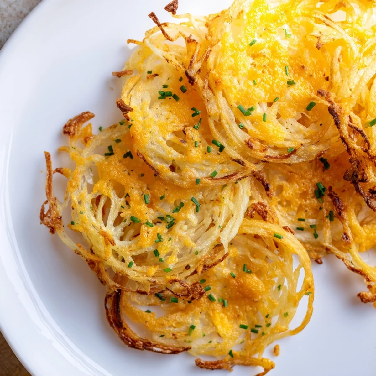 Golden, air-fried Crispy Onion Cheese Chips, a low-carb snack with bubbly melted cheese and browned onions.