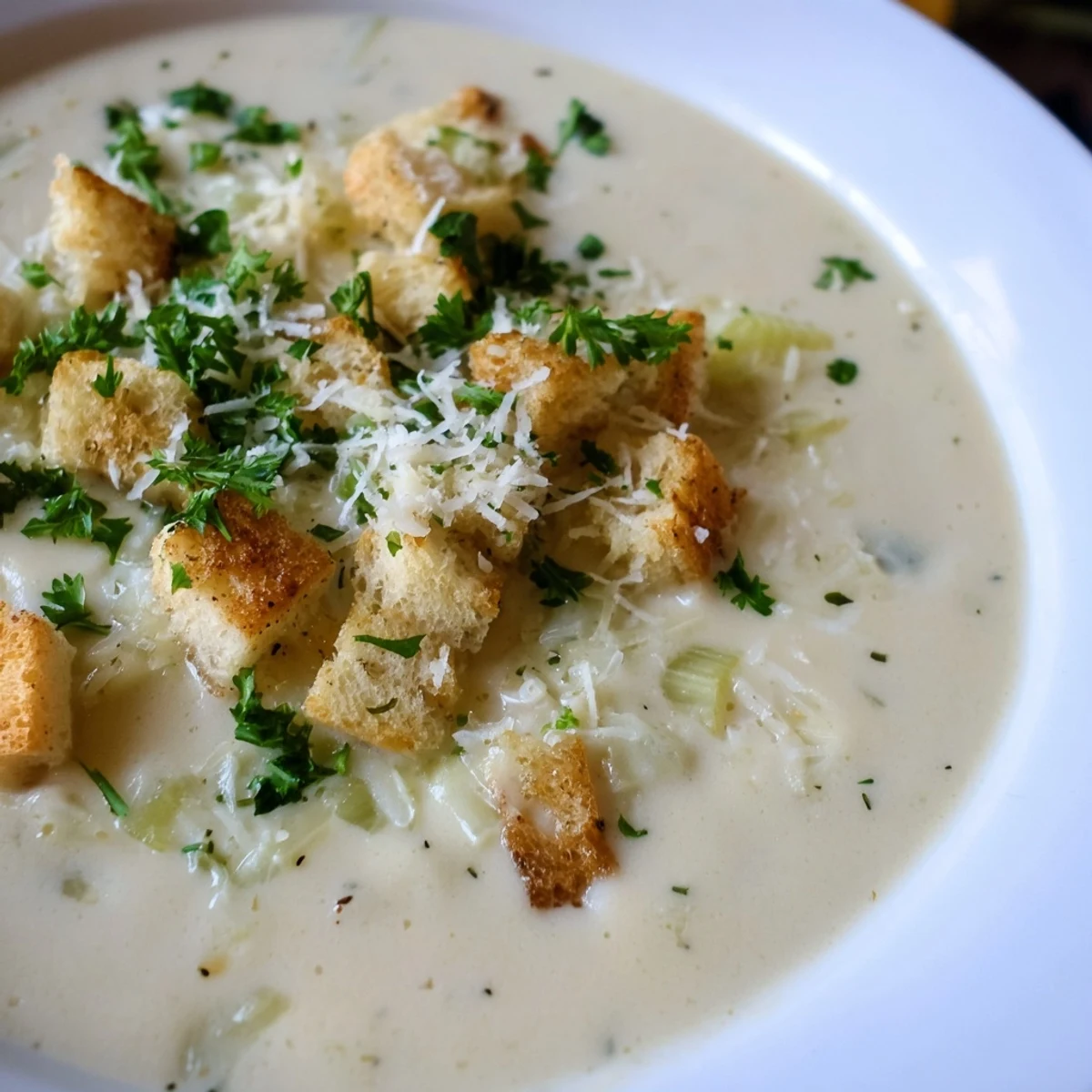 Golden, steaming creamy garlic bread soup garnished with Parmesan promises cozy, comforting flavors for a chilly night.