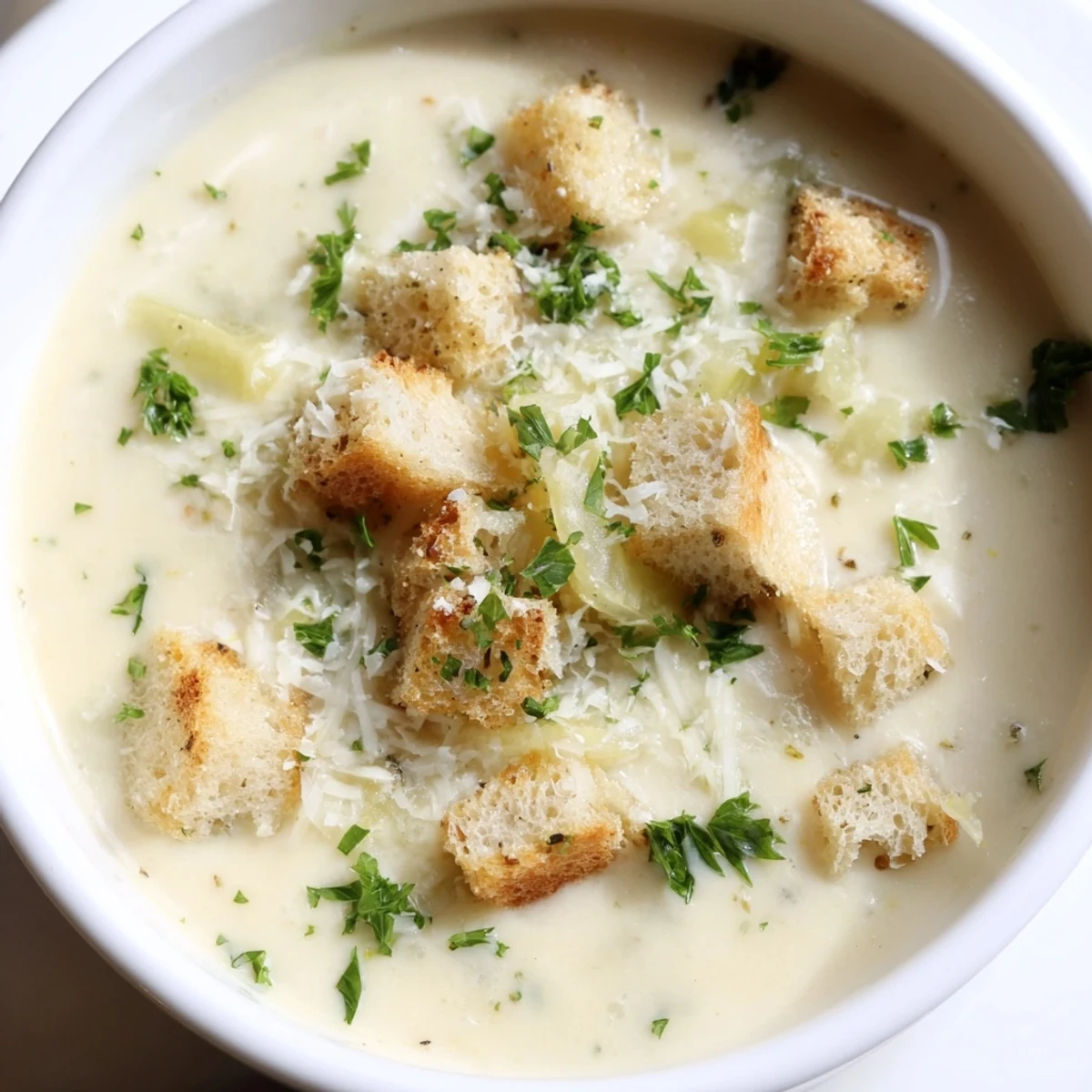 Creamy garlic bread soup swirls in a bowl, a decadent, velvety soup with bread croutons and fresh parsley.