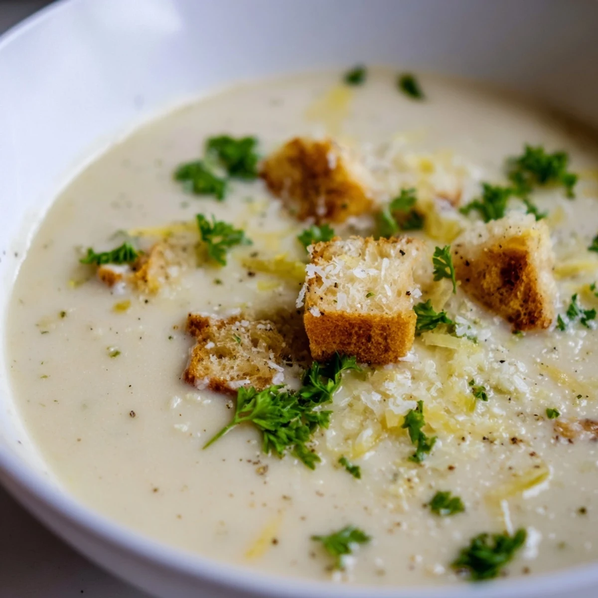 A close-up view of creamy garlic bread soup showcases its rich texture and invites you to savor the warmth.