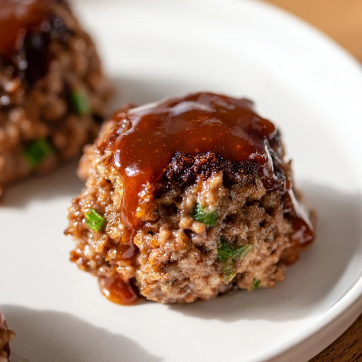Savory, individual mini meatloaf bites, perfect for family dinners and coated with shiny glaze.