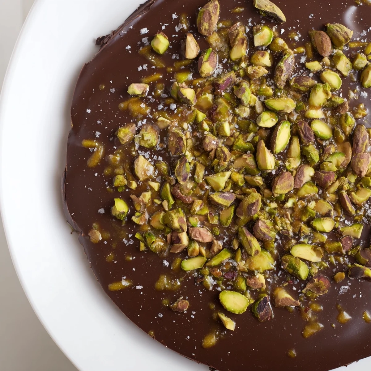 Close-up of Pistachio Salted Caramel Bark, showcasing the rich caramel and dark chocolate layers with crunchy nuts.