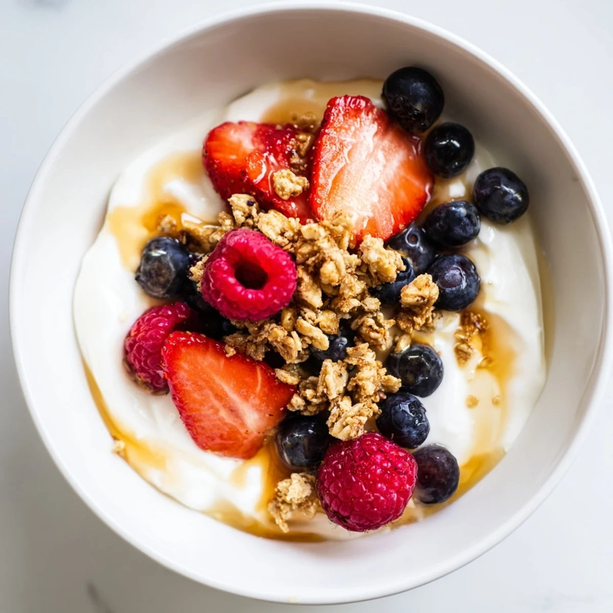 Cottage Cheese Hot Honey Bowl: a delightful view of creamy cottage cheese with hot honey and fresh berries.