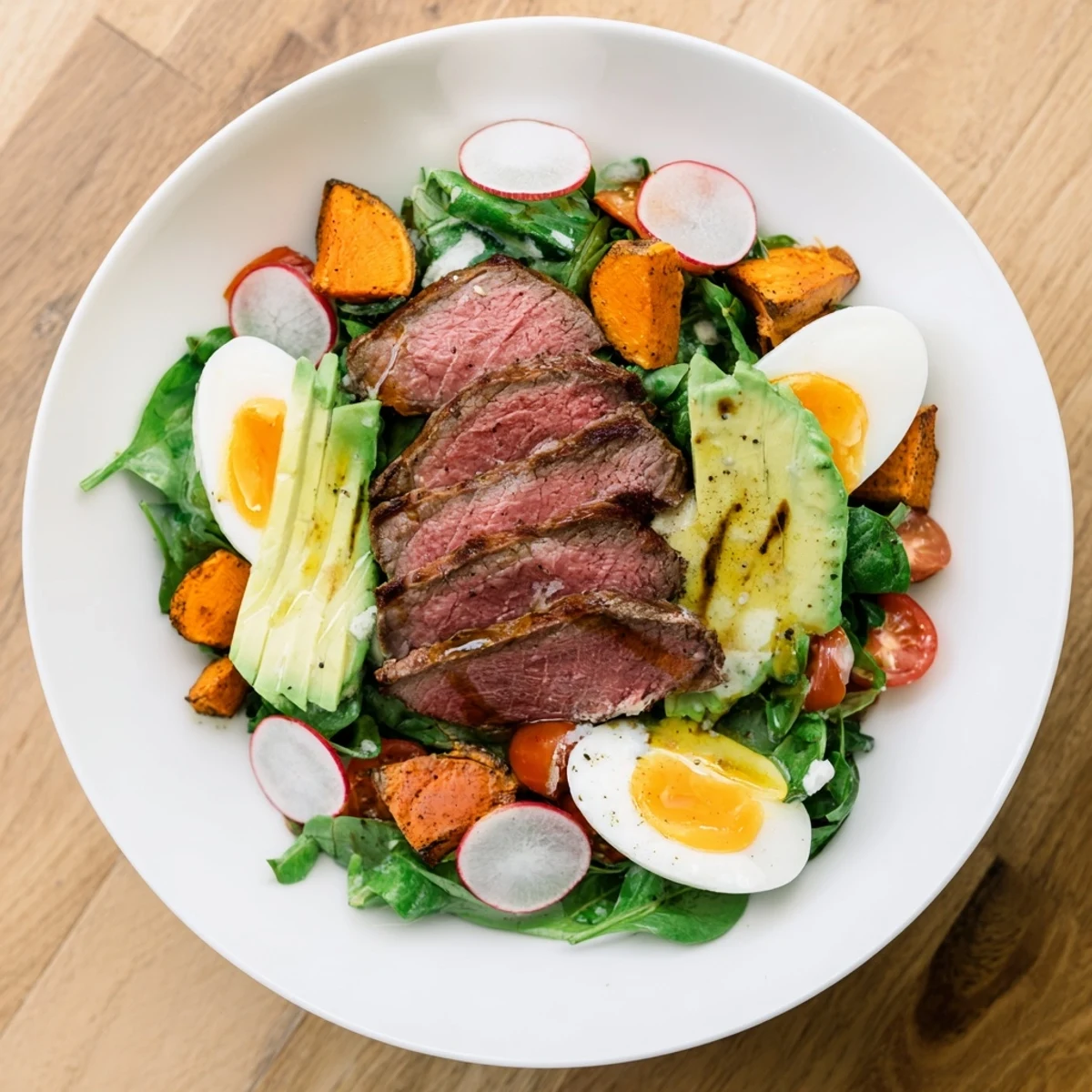 This appealing Beef Avocado Bowl showcases tender beef, sweet potato and avocado, all drizzled with a creamy dressing.