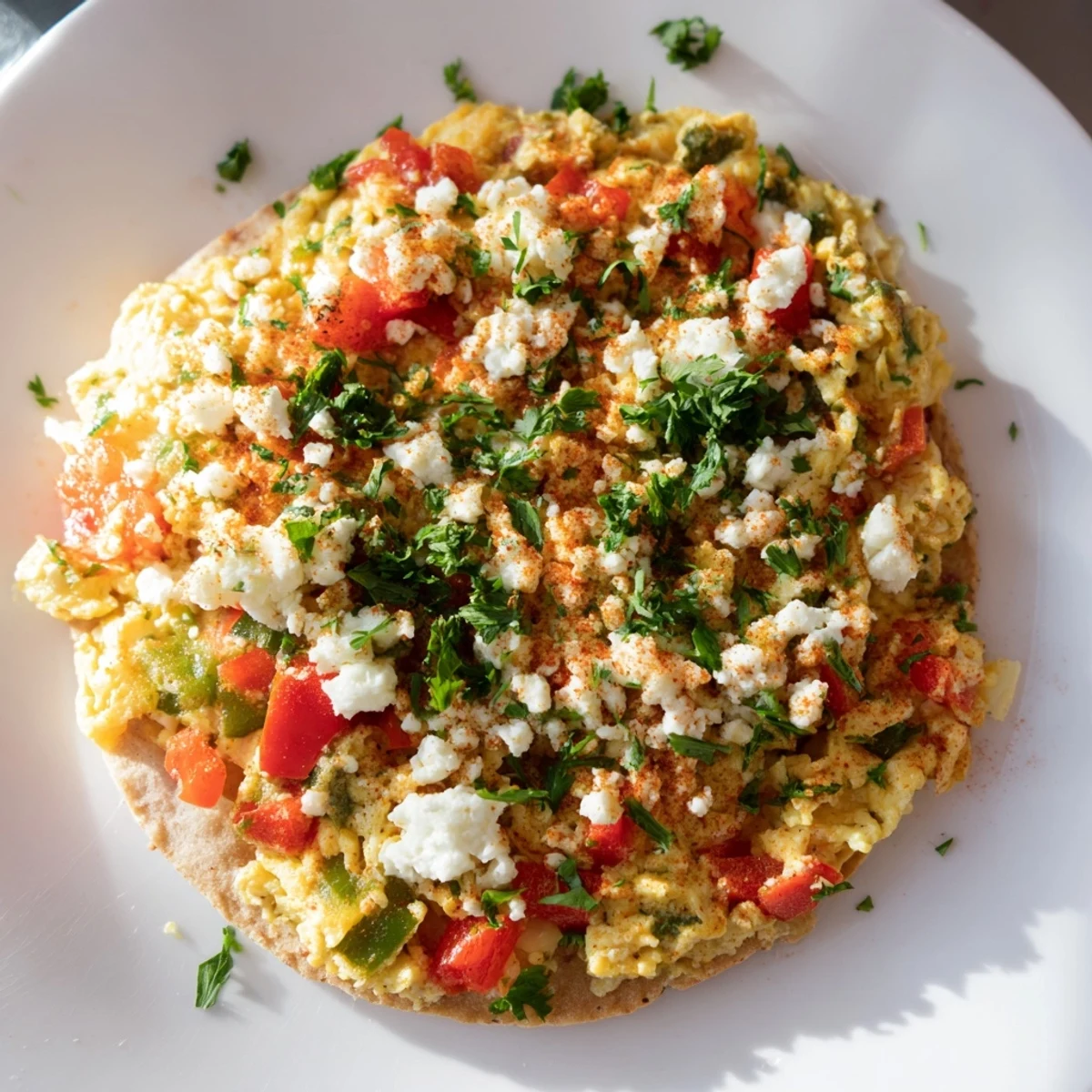 Golden-brown Turkish Menemen Eggs Pizza topped with creamy feta, perfect for a hearty brunch.