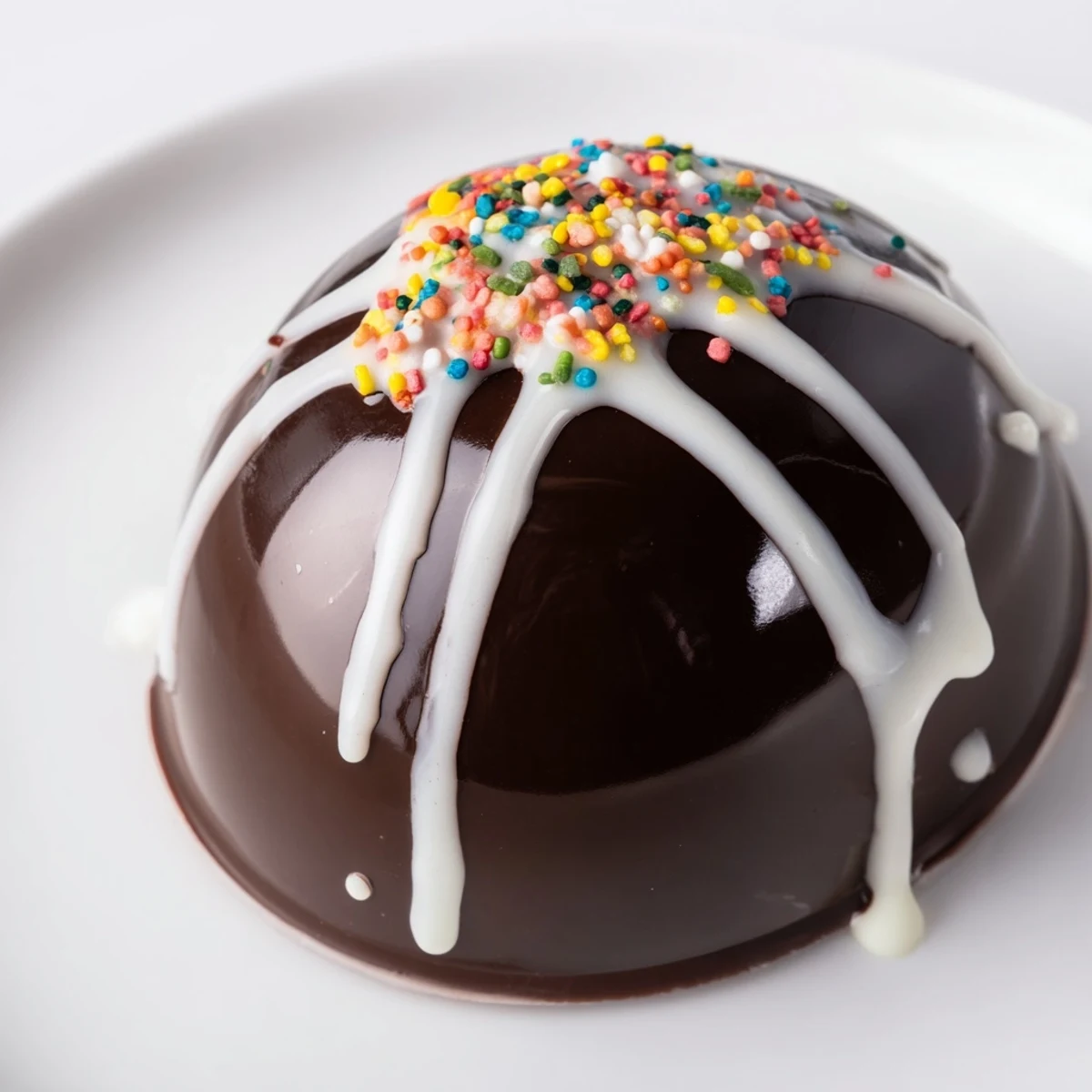 Round, dark chocolate Hot Chocolate Bombs, filled with marshmallows, perfect for a cozy treat.