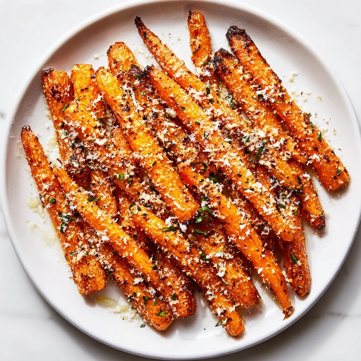 Golden Parmesan baby carrot chips, sweet and savory, ready to serve as a tasty side dish.