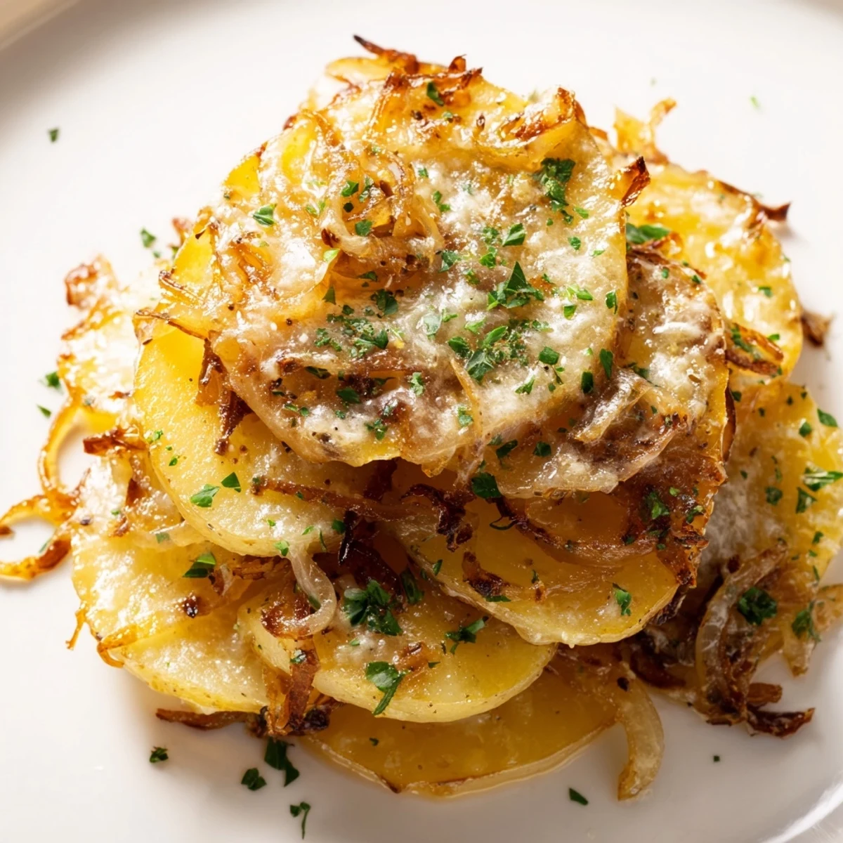 Golden, bubbly French Onion Soup Potatoes with melted Gruyère, perfect for a cozy dinner paired with a steak.