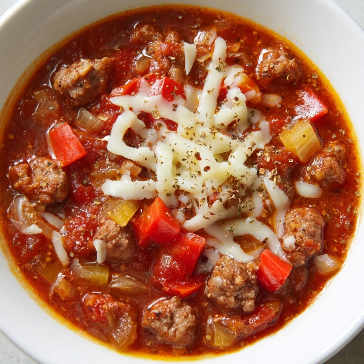A steaming bowl of Pizza Soup with melted mozzarella, ready for dipping bread.