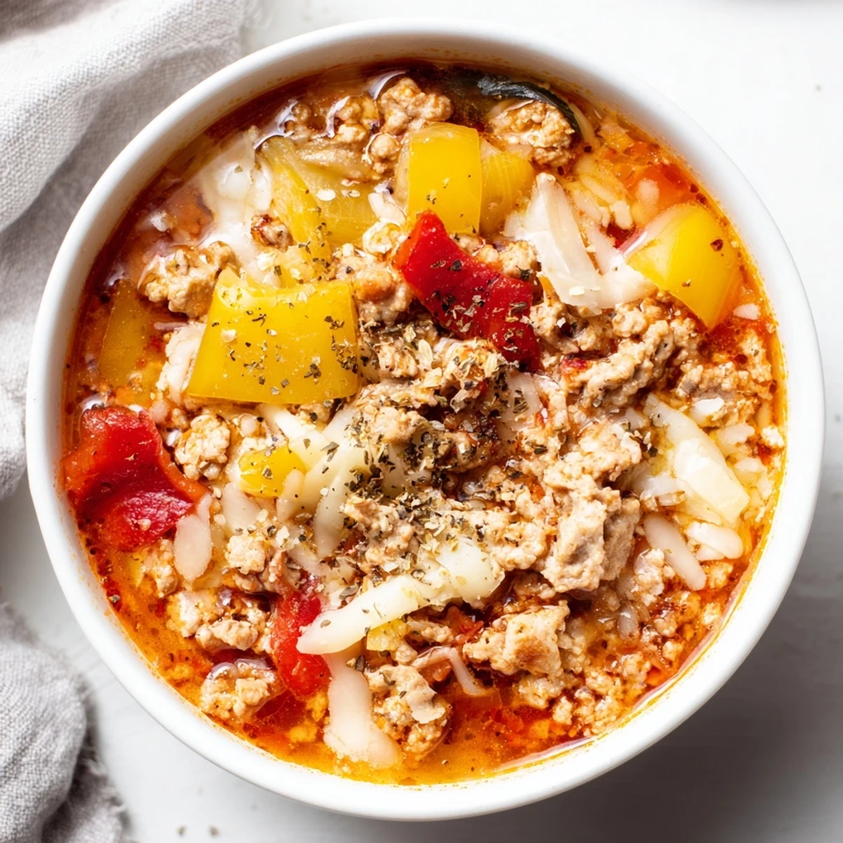 Hearty Italian Pizza Soup featuring sausage, vegetables, and creamy melted cheese.