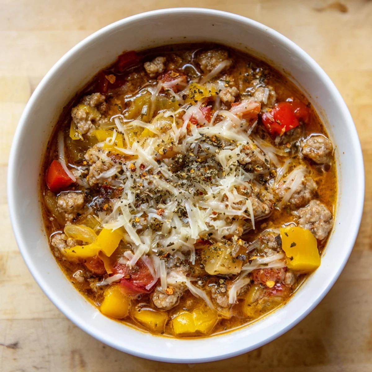 Warm and comforting homemade Pizza Soup, a delicious Italian-American main course.