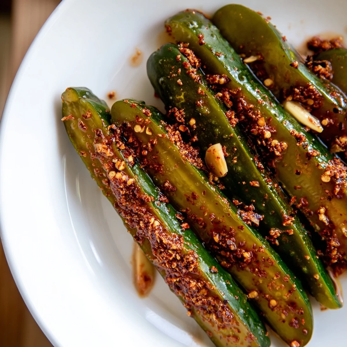 Taco pickles are shown: vibrant green dill pickles soaking in a flavorful seasoned brine.