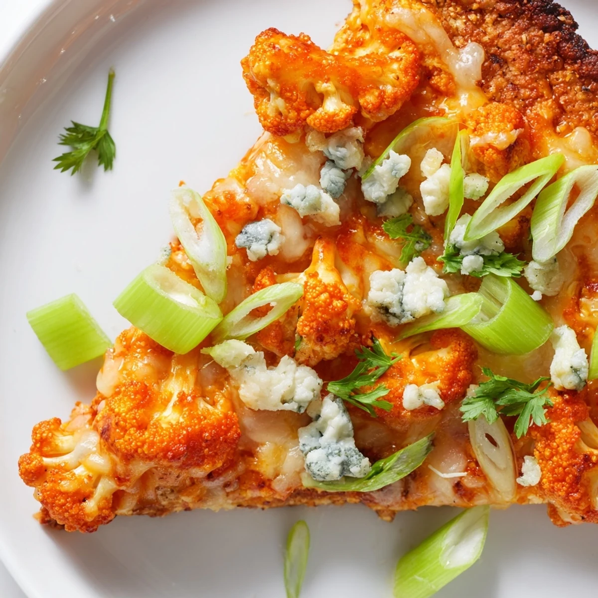 A close-up of Buffalo Cauliflower Pizza, featuring a golden crispy cauliflower crust drizzled with spicy buffalo sauce and melted mozzarella.