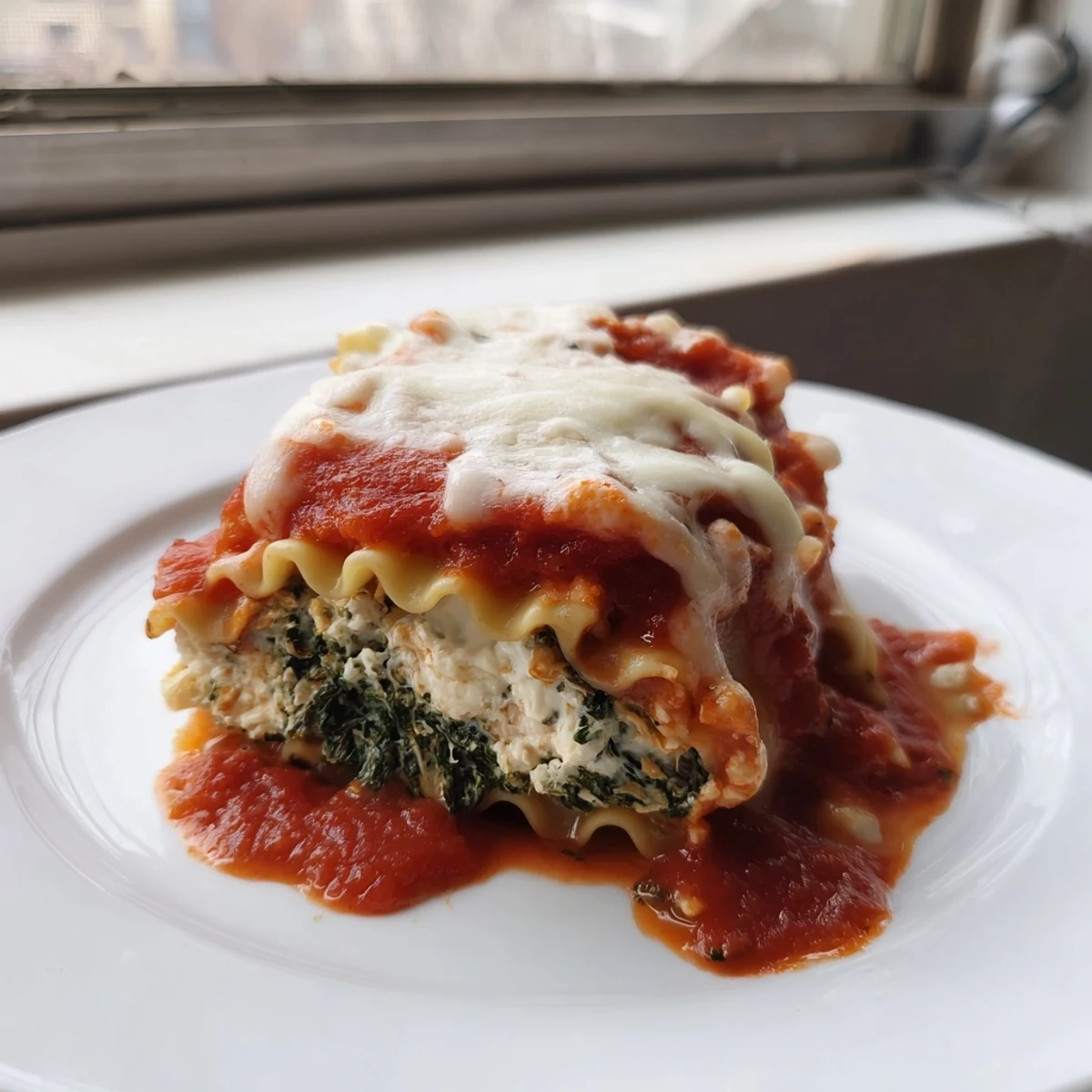 Spiraled Chicken and Spinach Lasagna Rolls with rich marinara, golden cheese topping, and garnished with fresh parsley for serving.