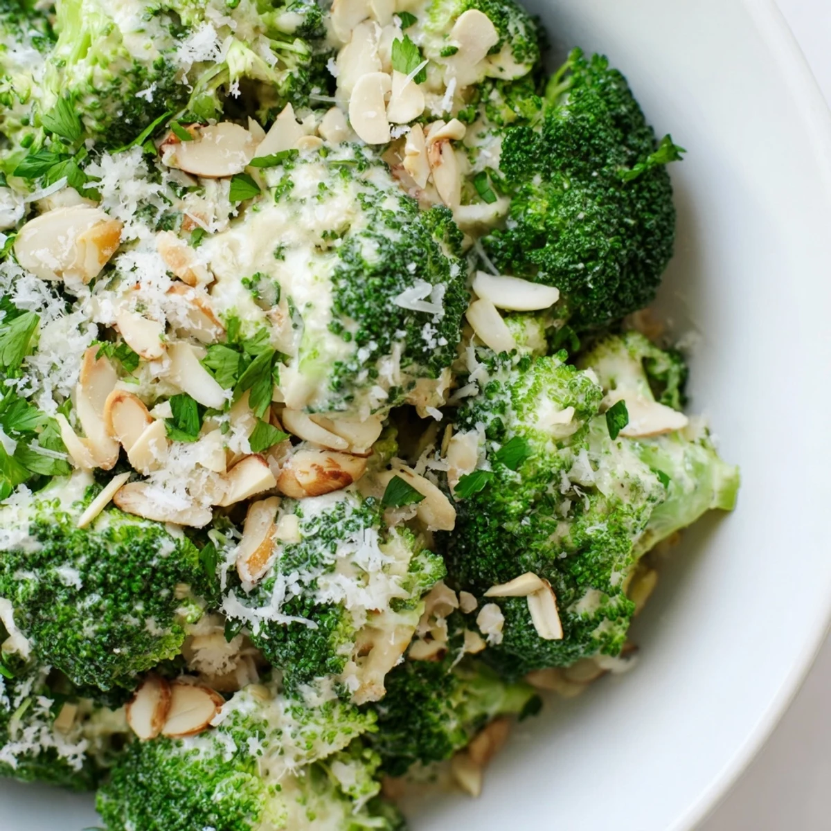 Garlic Parmesan Broccoli Salad with crunchy broccoli florets and creamy sauce, served chilled with optional cherry tomatoes.