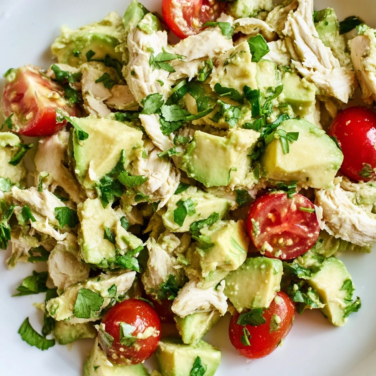 Brightly colored Avocado Chicken Salad with diced chicken, creamy avocado chunks, cherry tomatoes, and fresh herbs in a white bowl.