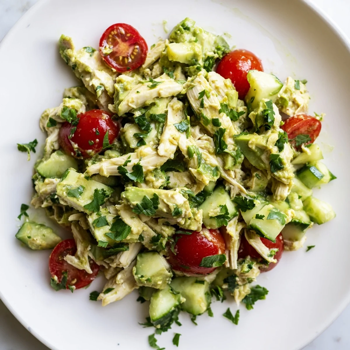 A close-up of Avocado Chicken Salad showing tender shredded chicken mixed with ripe avocado and diced cucumbers on a rustic wooden table.