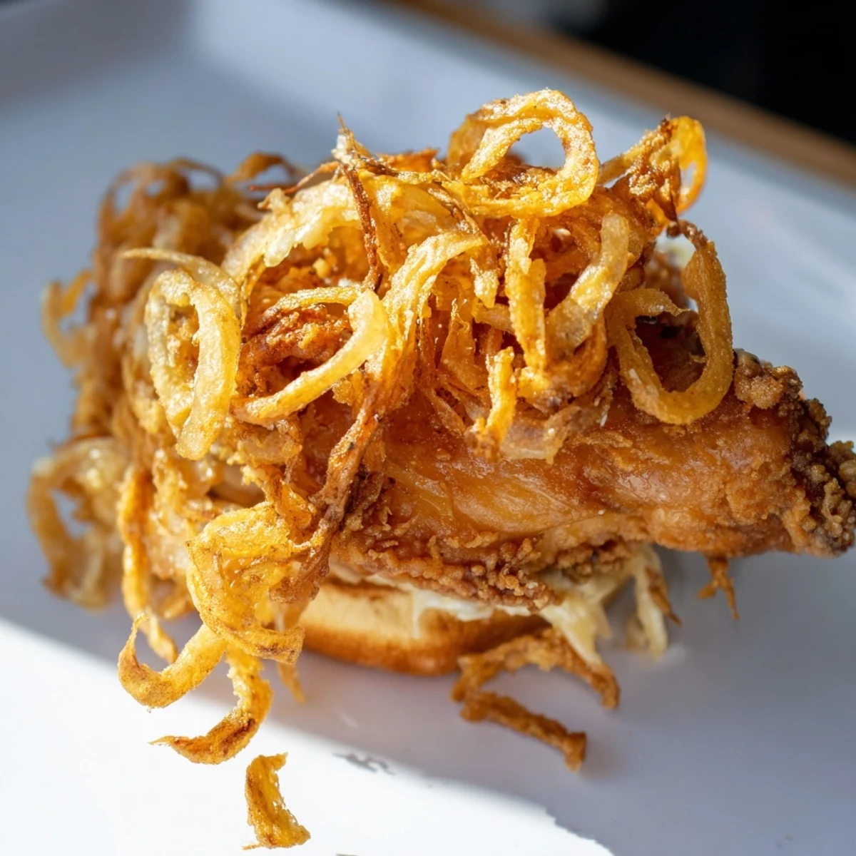 Golden-brown, crispy fried chicken thighs piled high on a toasted brioche bun, generously topped with crunchy fried onions and creamy aioli.