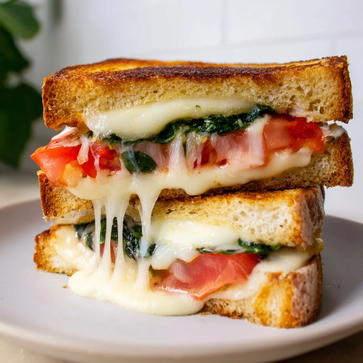 Golden-brown Tomato Basil Grilled Cheese sandwich, sliced diagonally to reveal melted mozzarella and fresh basil.