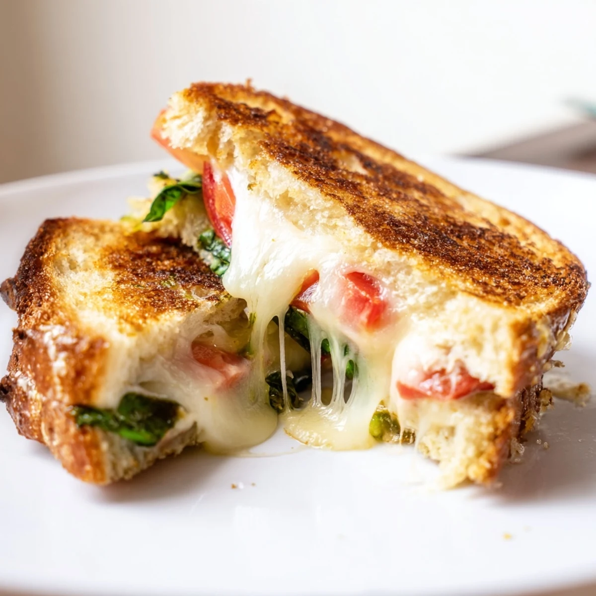 Fresh basil leaves and ripe tomato slices stuffed inside a buttery Tomato Basil Grilled Cheese, ready to serve.