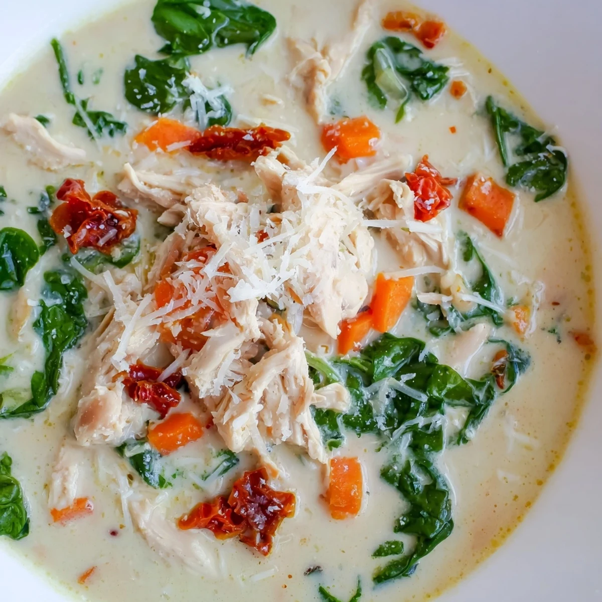 A warm bowl of Creamy Tuscan Chicken Soup, garnished with fresh spinach and sun-dried tomatoes.  