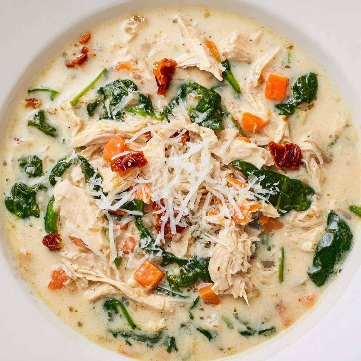 Ready-to-serve Creamy Tuscan Chicken Soup topped with Parmesan cheese and olive oil.