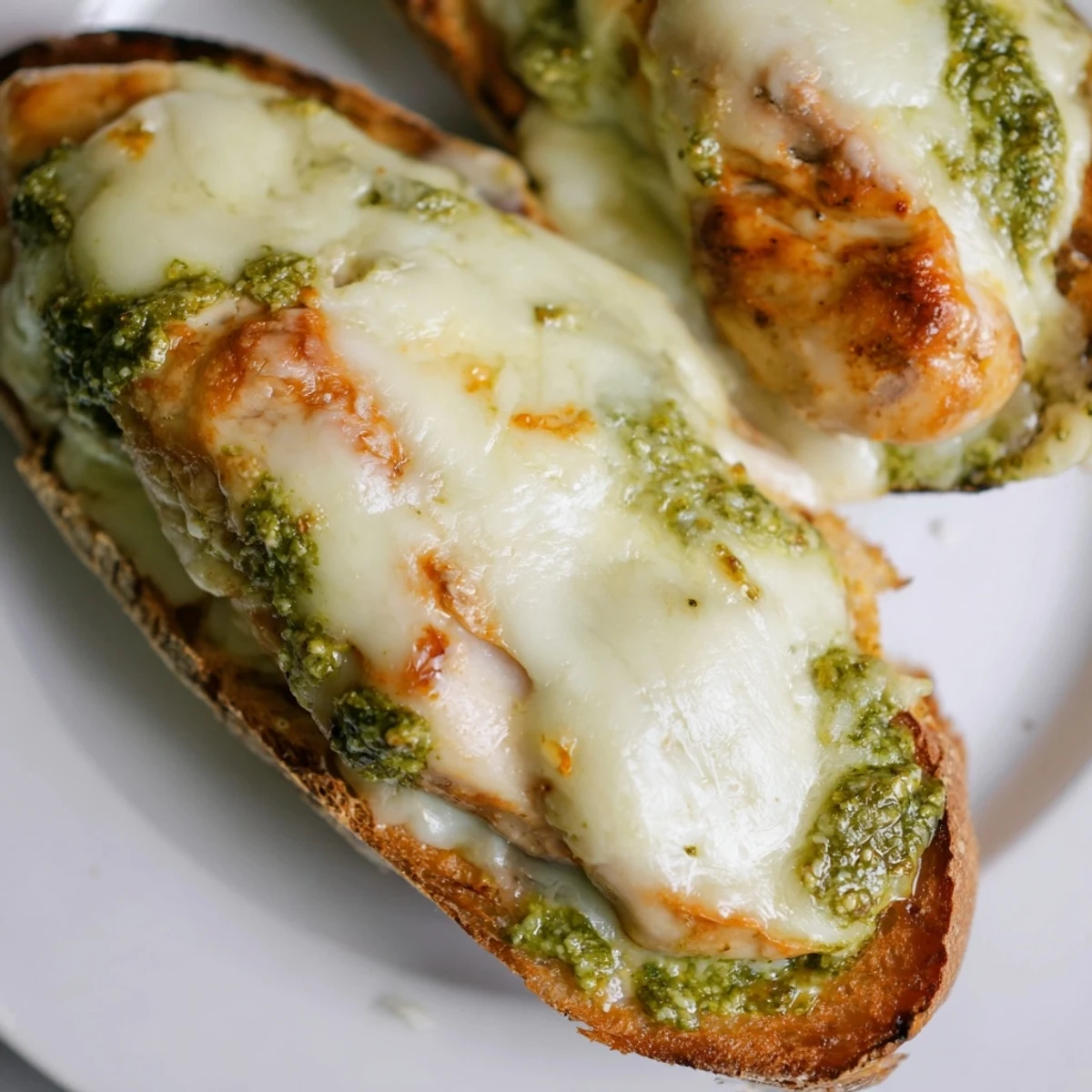 Close-up of a Pesto Chicken Melt sandwich stacked high on a rustic plate, featuring juicy grilled chicken, melted mozzarella, and fresh basil. 