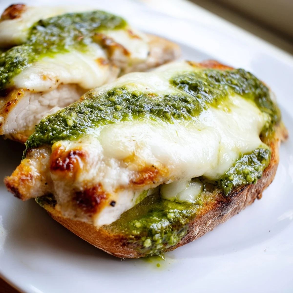 A toasted Pesto Chicken Melt served with sliced tomatoes and a side salad, perfect for a quick Italian-American lunch.