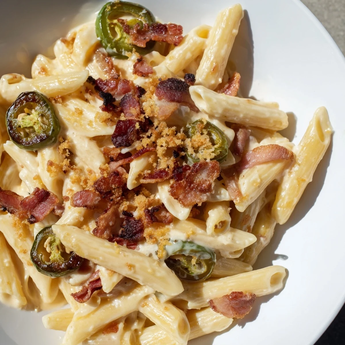 Creamy jalapeño popper pasta features roasted jalapeños and crispy bacon tossed in a rich, velvety cheese sauce.  