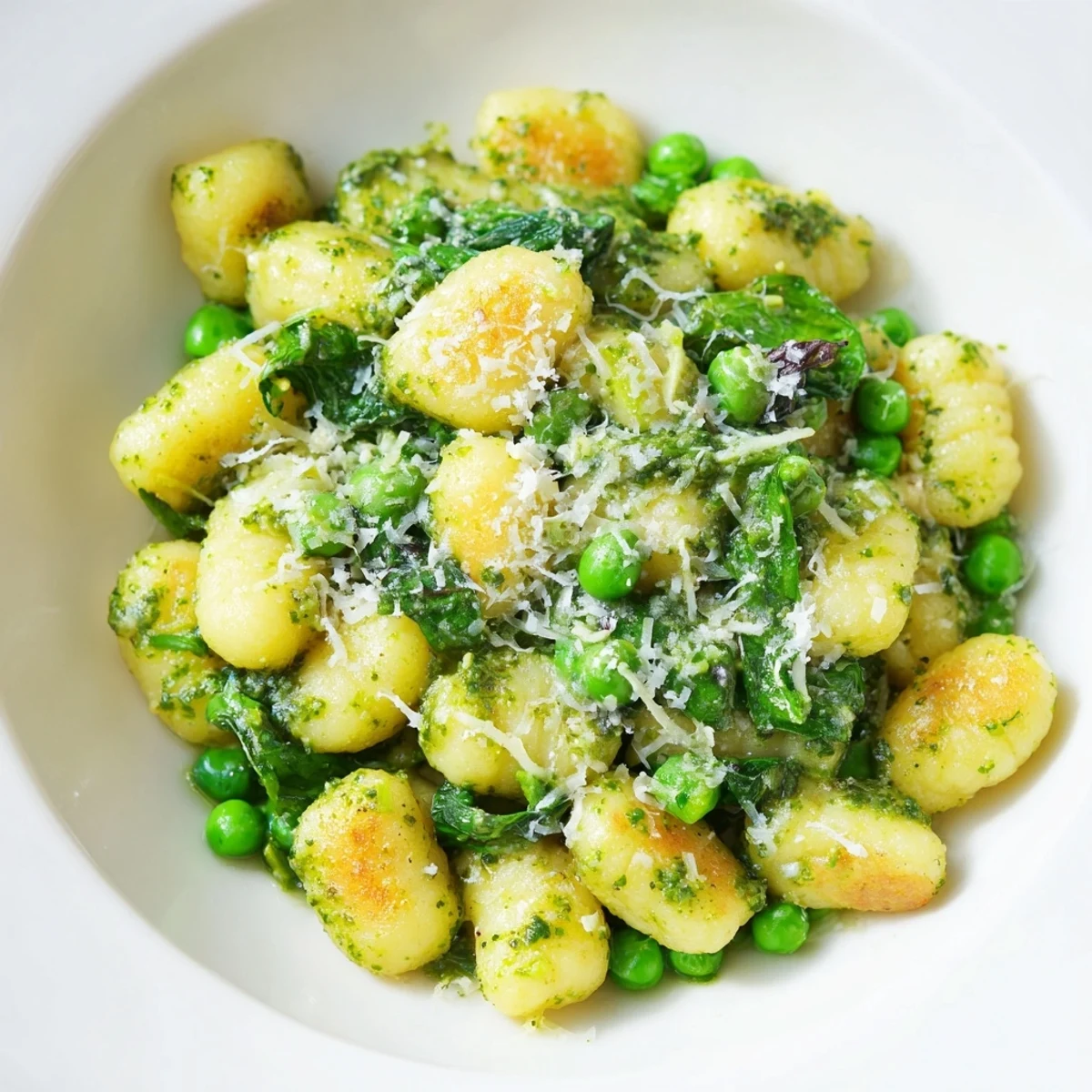 Golden-brown pan-fried gnocchi with bright green peas and basil pesto in a rustic skillet, ready to serve.  